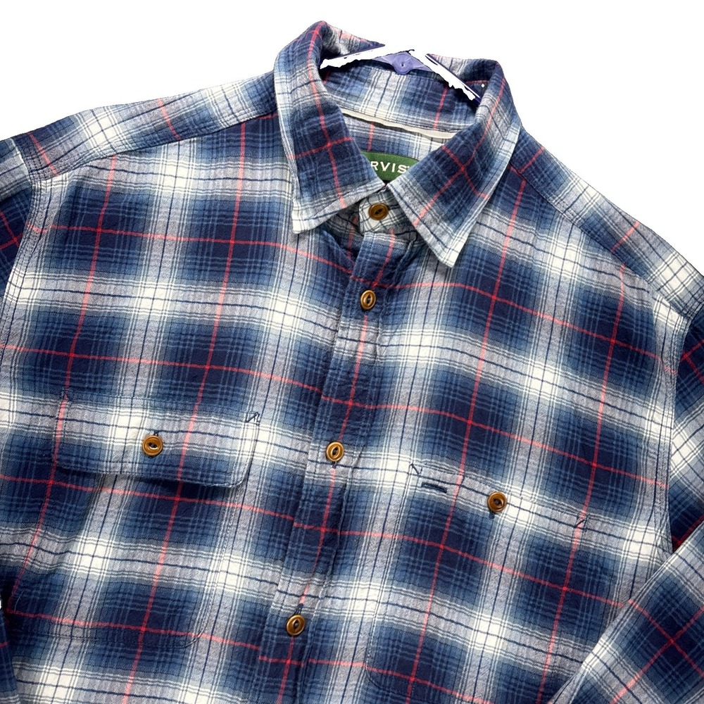 Orvis Flannel Shirt Mens M Active Fit Button-Down Blue Plaid Lightweight Stretch